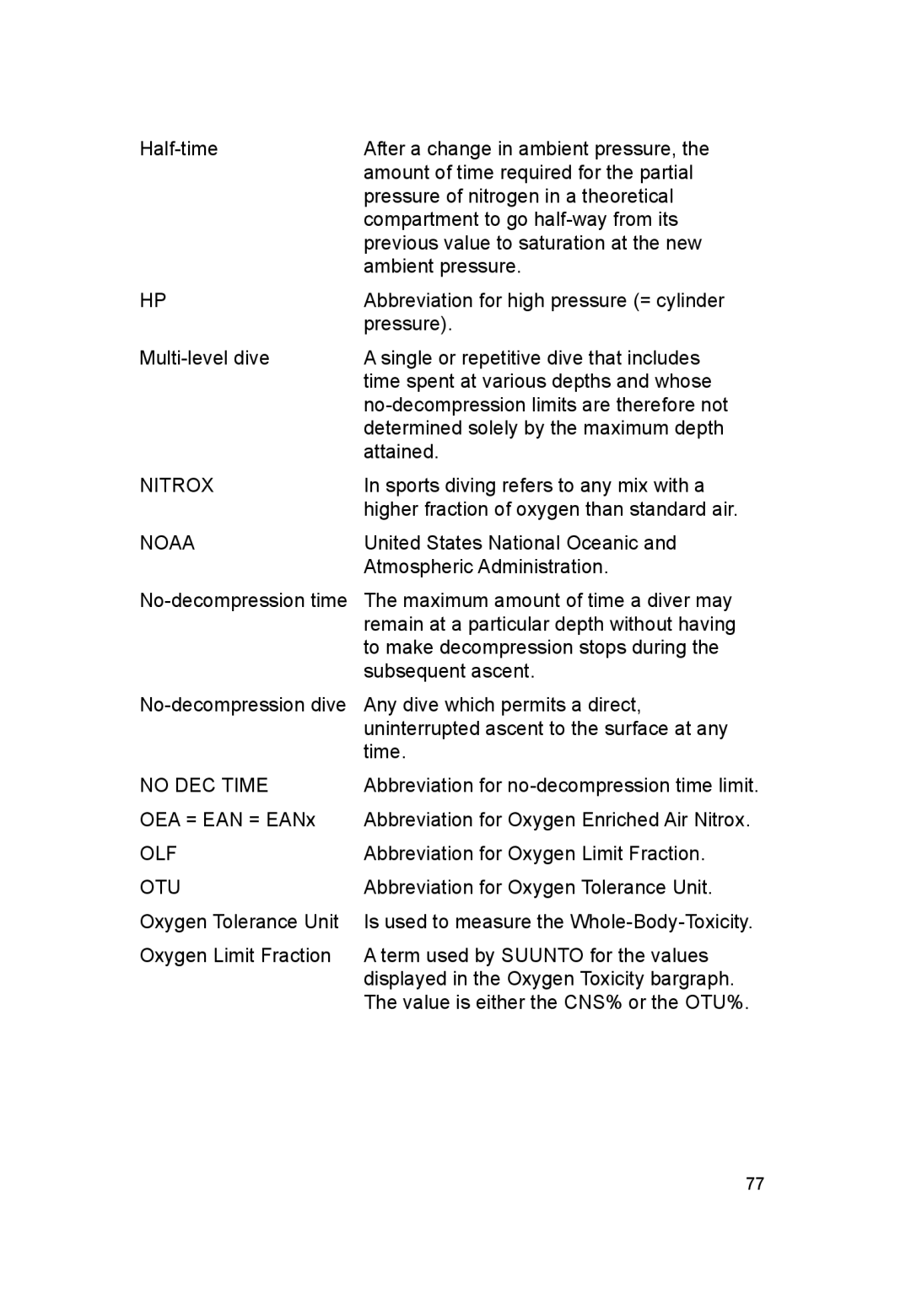 Suunto VYTEC DS manual Nitrox, Noaa, No DEC Time, Olf, Otu 