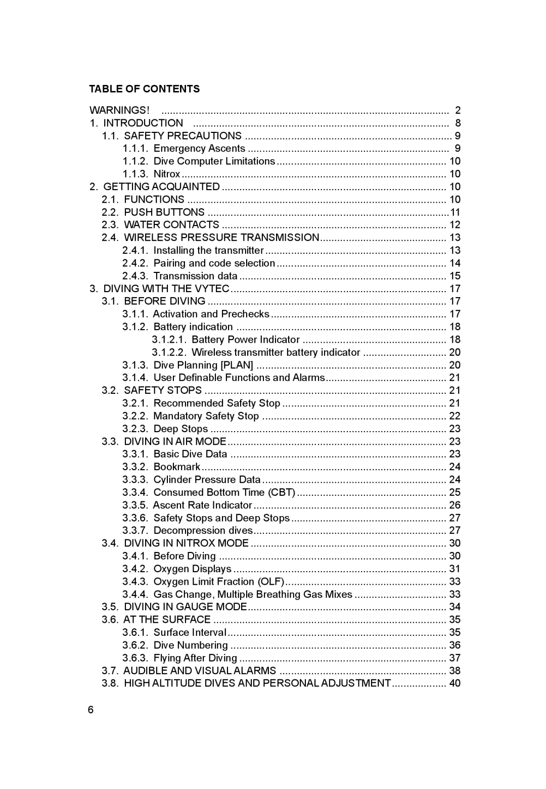 Suunto VYTEC DS manual Table of Contents 