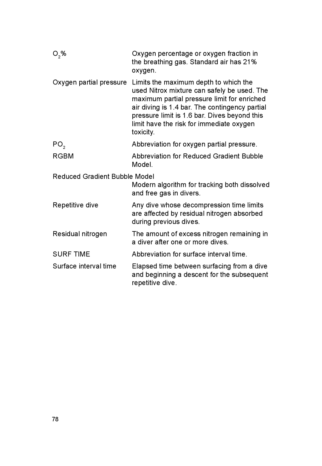 Suunto VYTEC DS manual PO2, Rgbm, Surf Time 