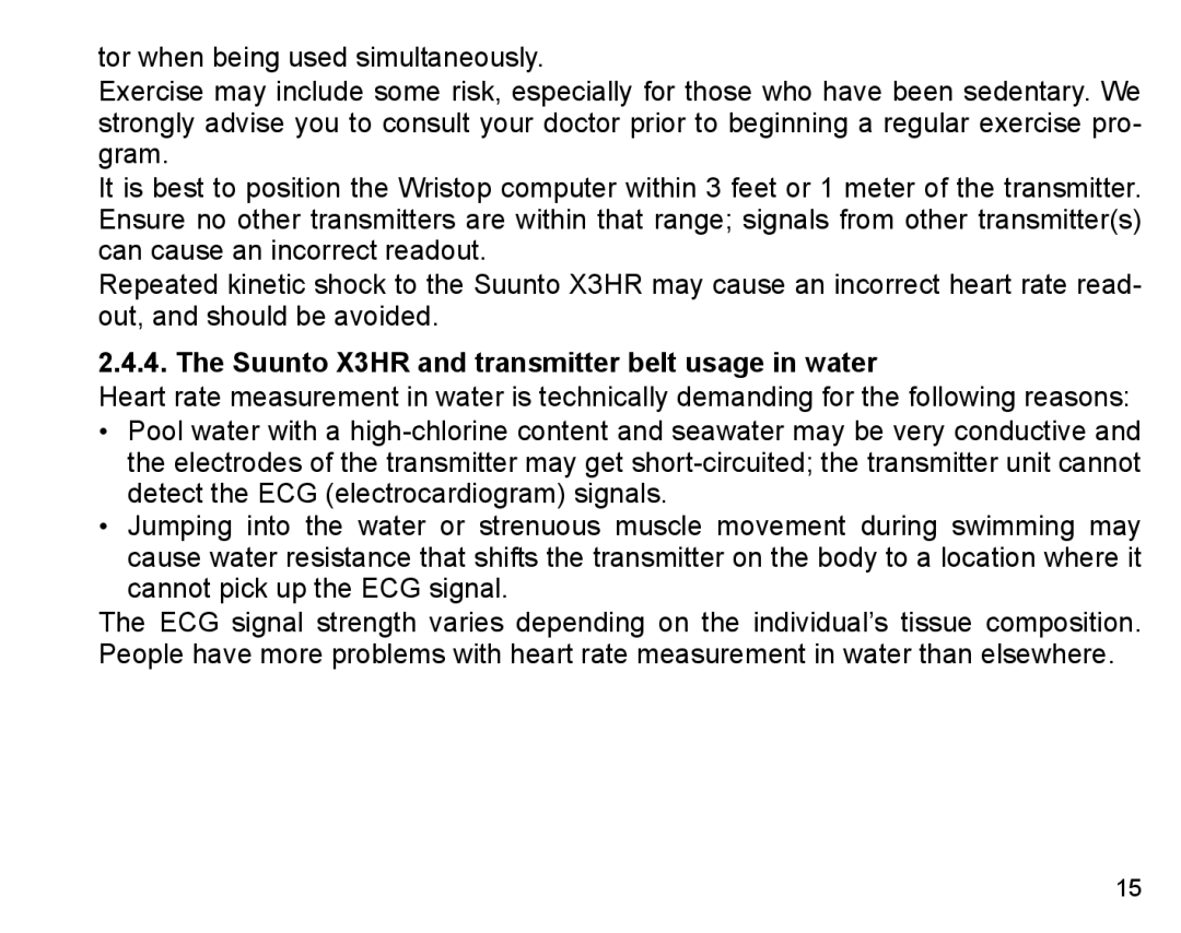 Suunto manual Suunto X3HR and transmitter belt usage in water 