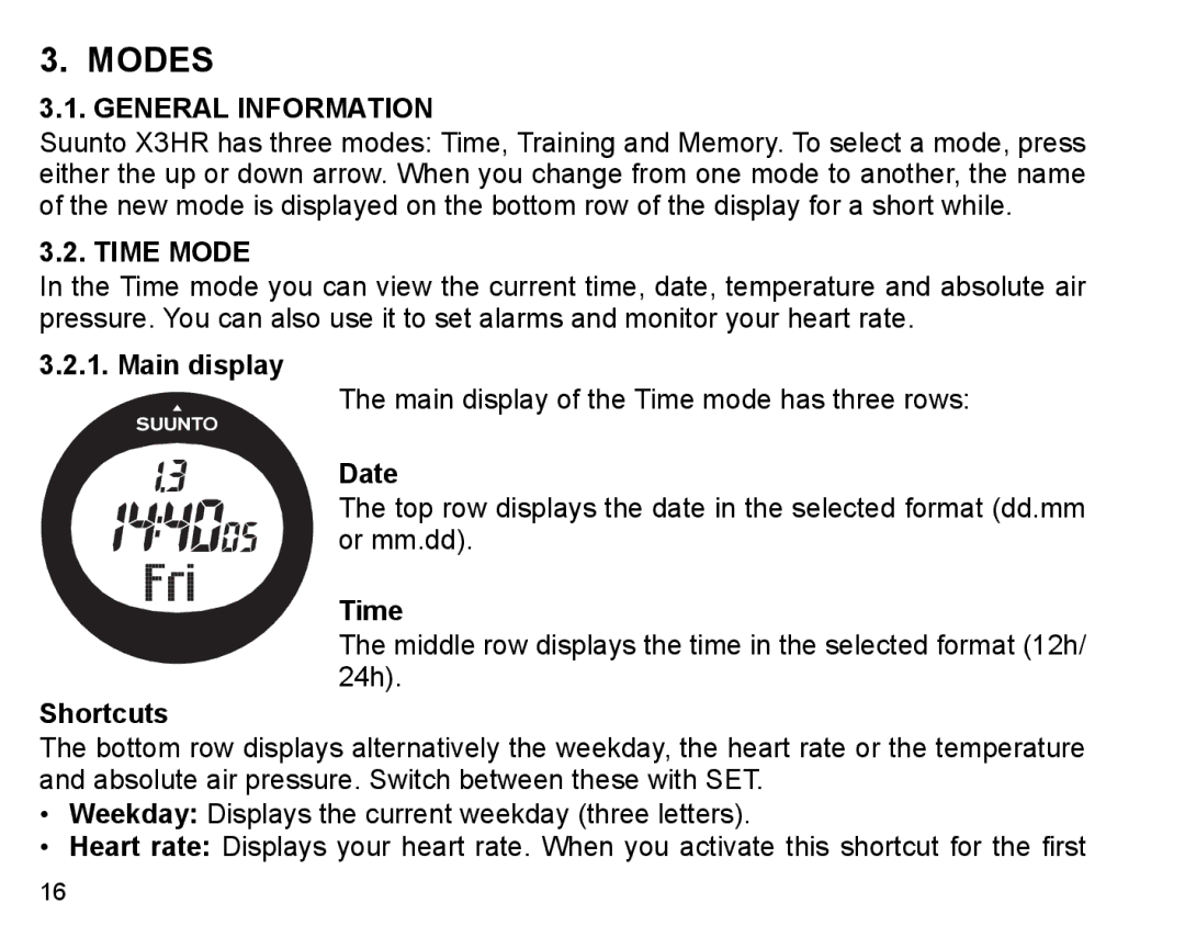 Suunto X3HR manual Modes, General Information, Time Mode 