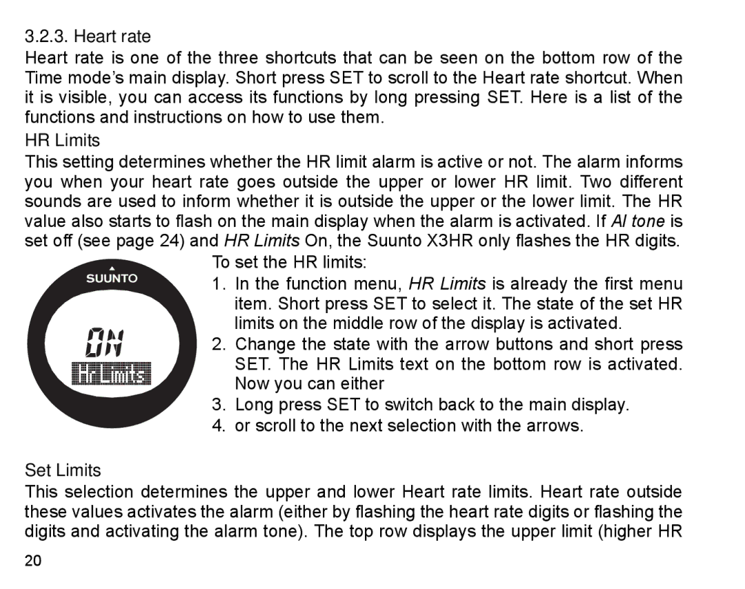 Suunto X3HR manual Heart rate, HR Limits, Set Limits 