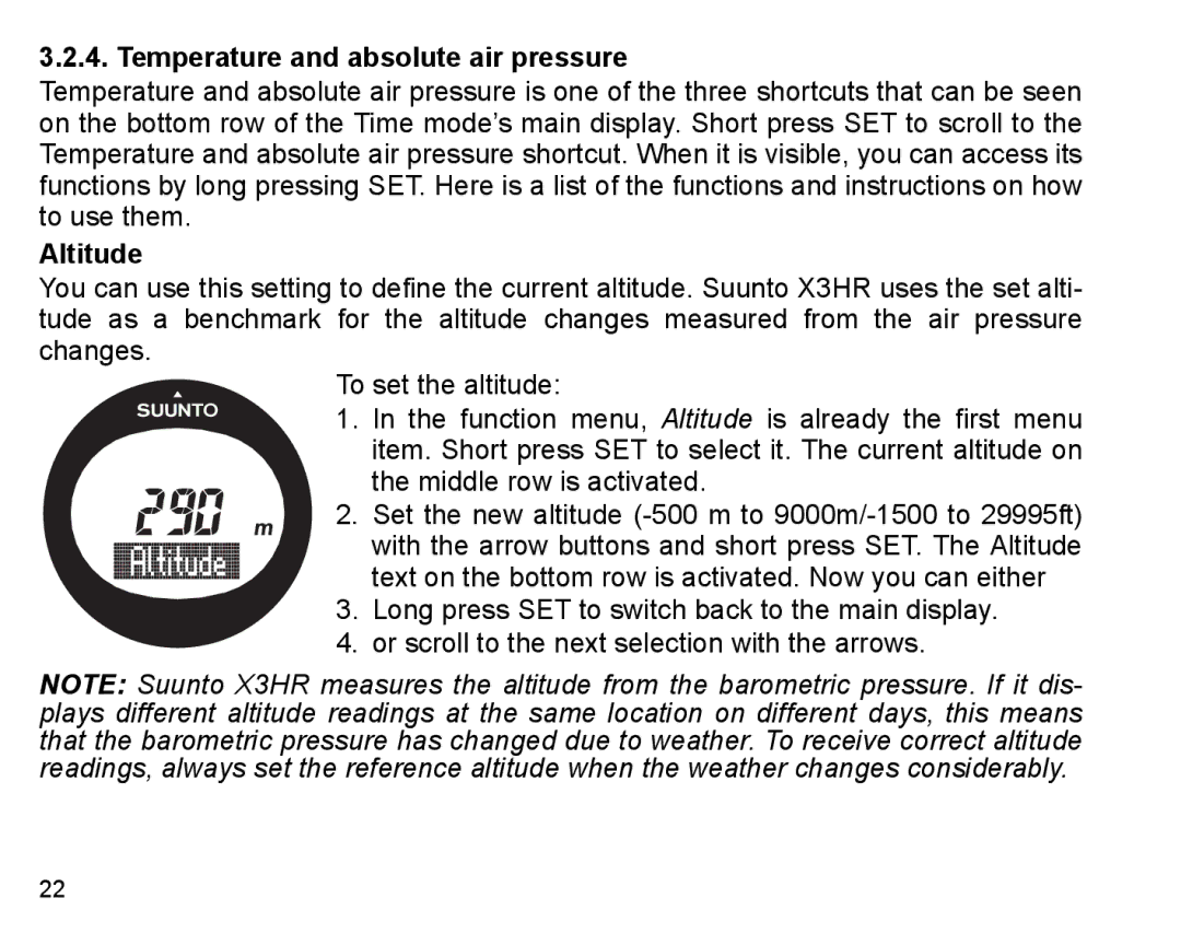 Suunto X3HR manual Temperature and absolute air pressure, Altitude 