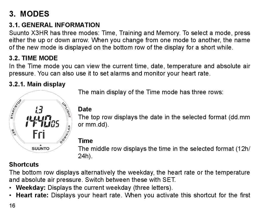 Suunto X3HR manual Modes, General Information, Time Mode 