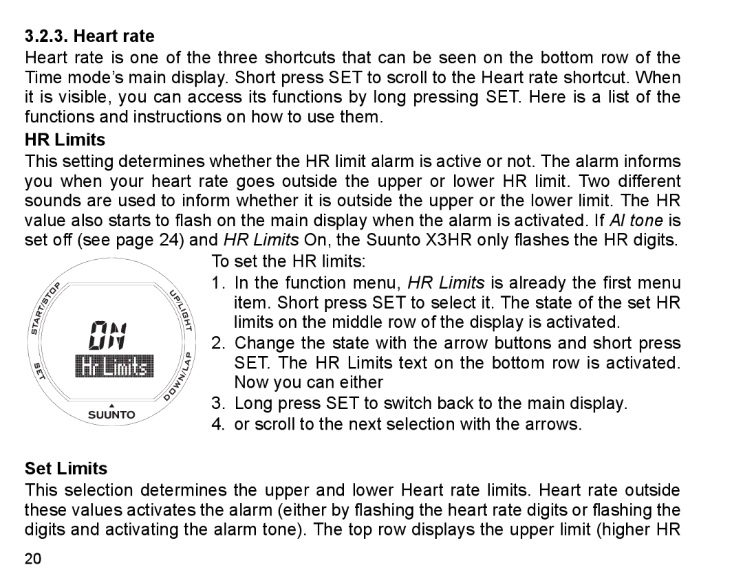 Suunto X3HR manual Heart rate, HR Limits, Set Limits 