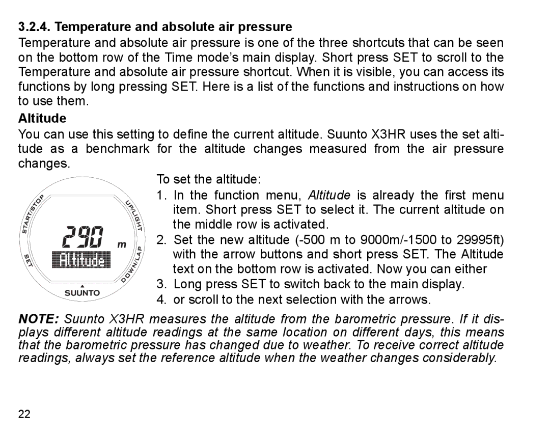 Suunto X3HR manual Temperature and absolute air pressure, Altitude 