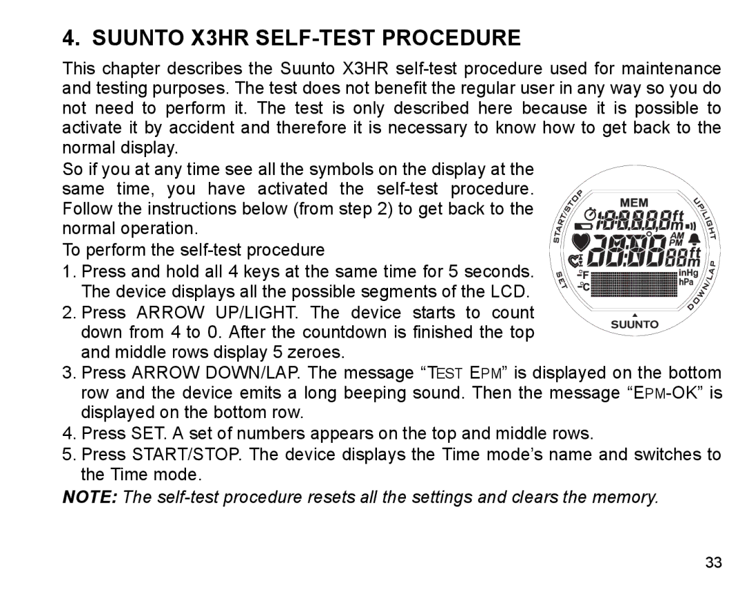 Suunto manual Suunto X3HR SELF-TEST Procedure 