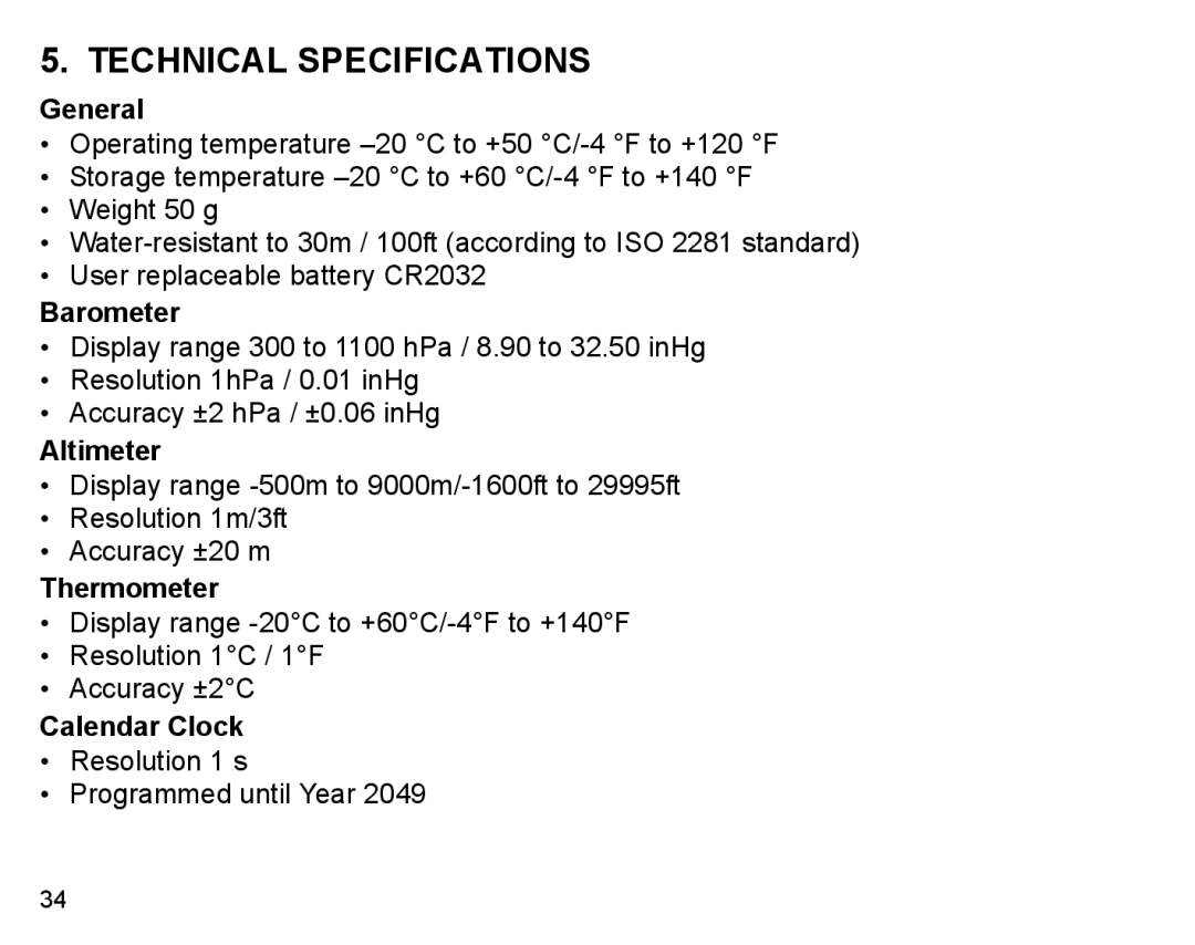 Suunto X3HR manual Technical Specifications 