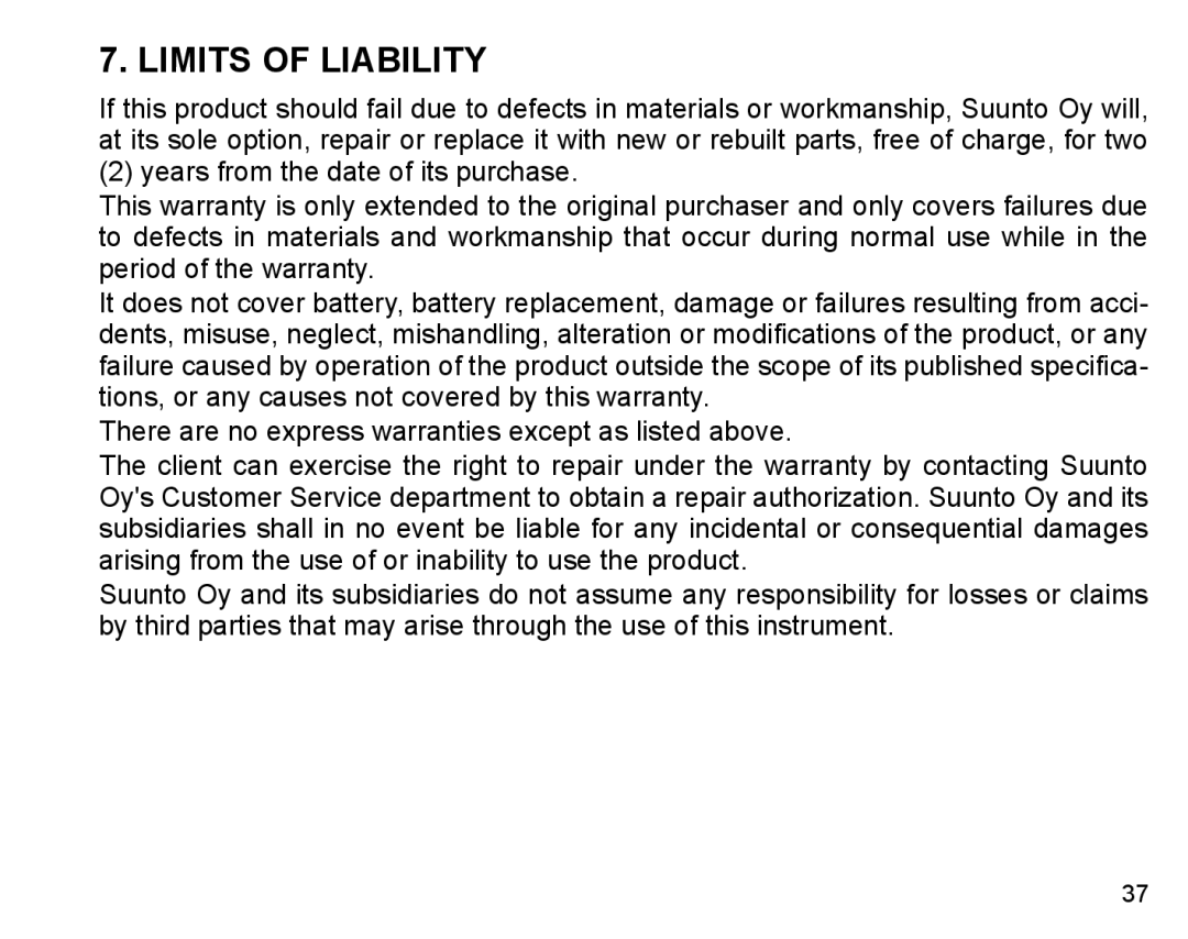 Suunto X3HR manual Limits of Liability 