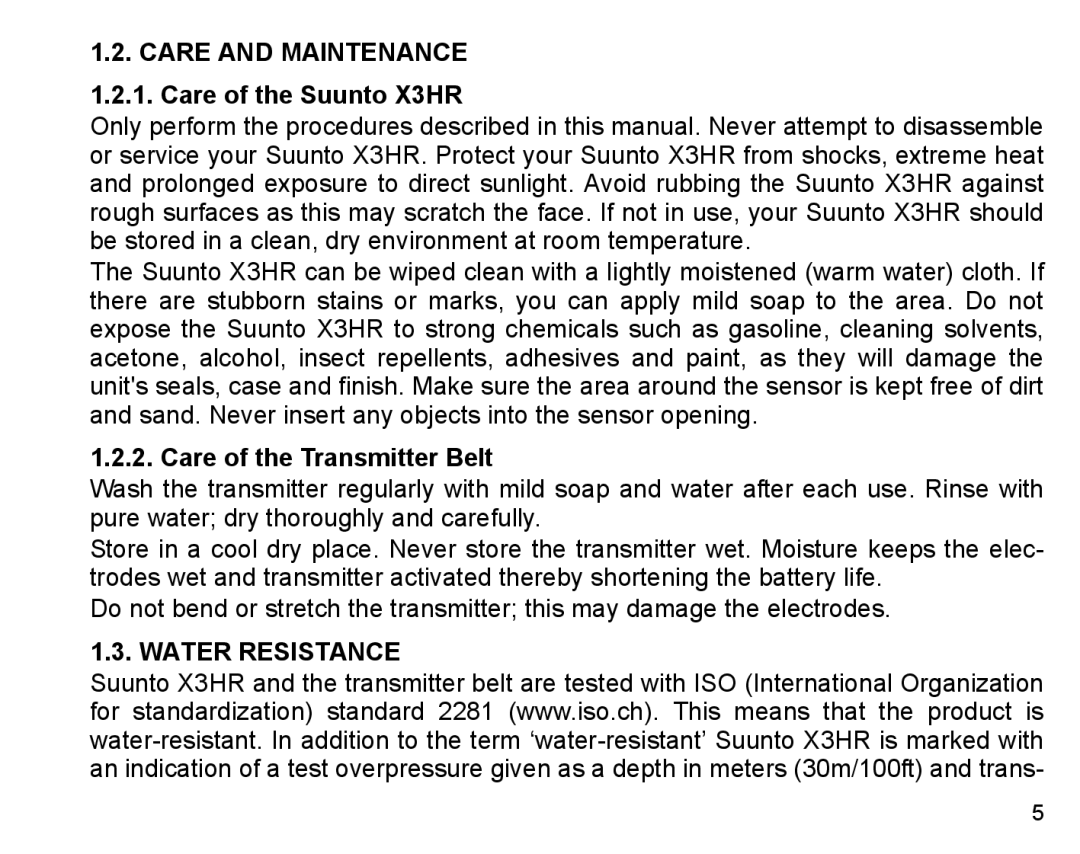 Suunto manual Care and Maintenance 1.2.1. Care of the Suunto X3HR, Care of the Transmitter Belt, Water Resistance 