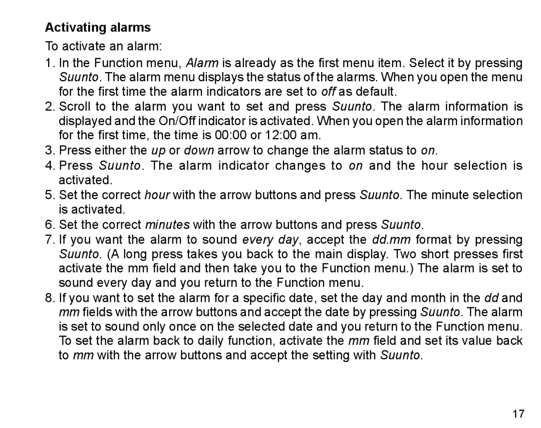 Suunto X6m manual Activating alarms 