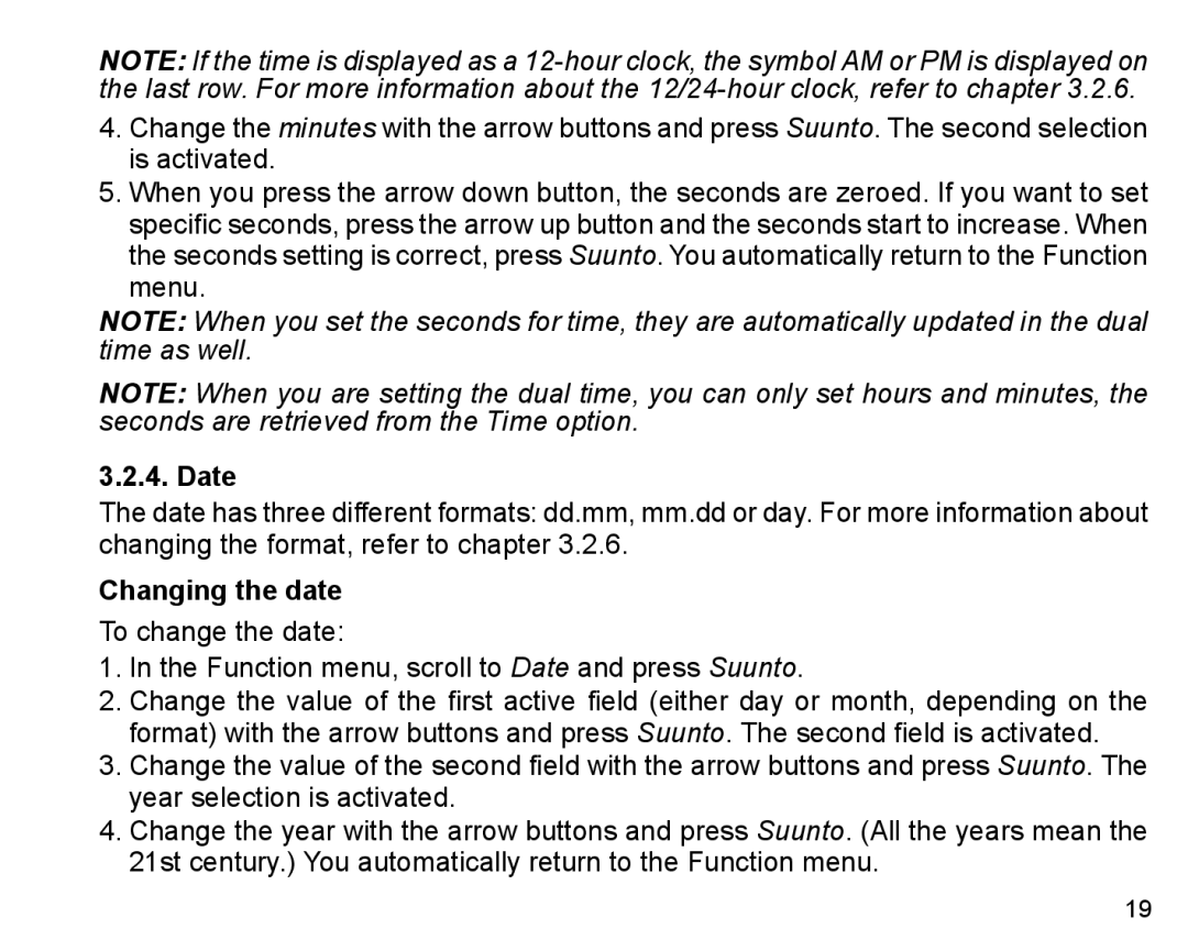 Suunto X6m manual Date, Changing the date 