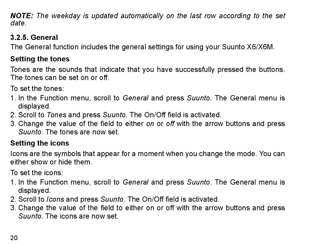 Suunto X6m manual General, Setting the tones, Setting the icons 