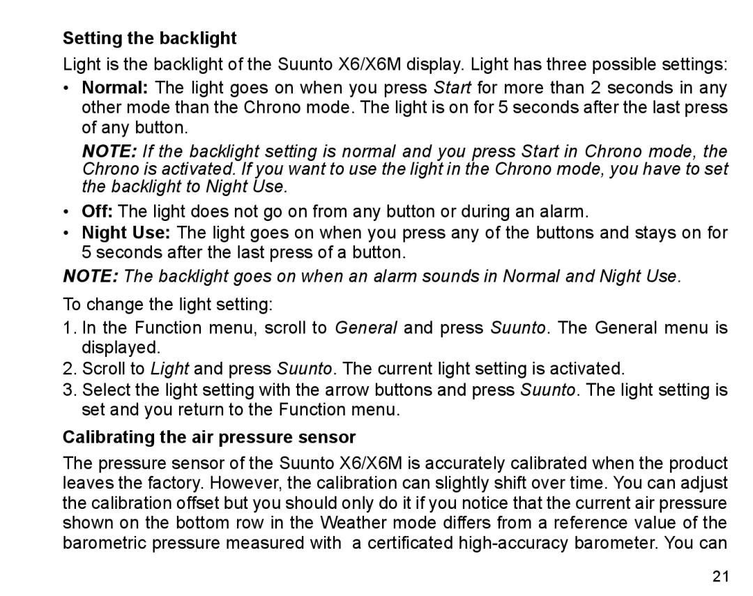 Suunto X6m manual Setting the backlight, Calibrating the air pressure sensor 