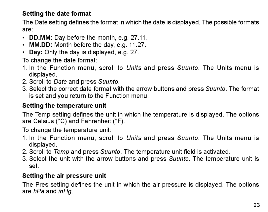 Suunto X6m manual Setting the date format, Setting the temperature unit, Setting the air pressure unit 