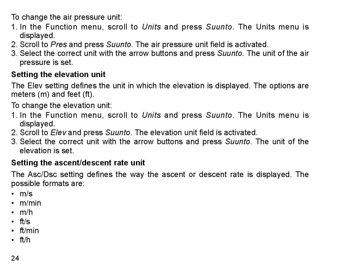 Suunto X6m manual Setting the elevation unit, Setting the ascent/descent rate unit 