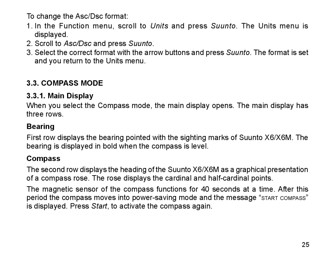 Suunto X6m manual Compass Mode Main Display, Bearing 