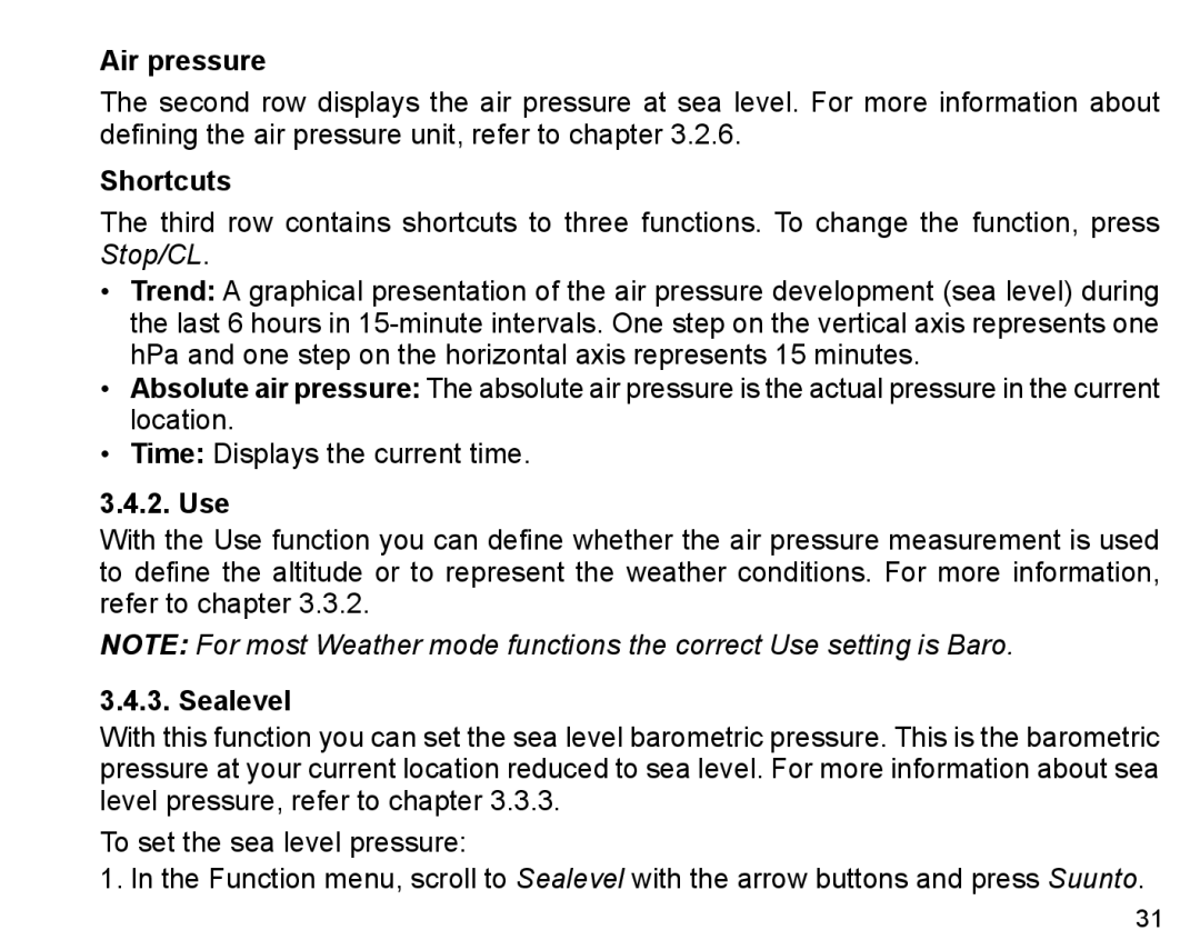 Suunto X6m manual Air pressure, Sealevel 