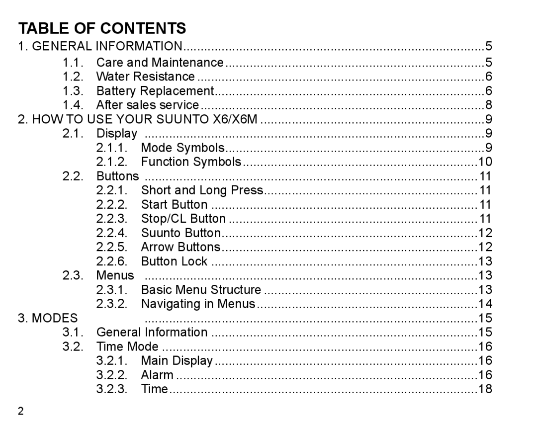 Suunto X6m manual Table of Contents 