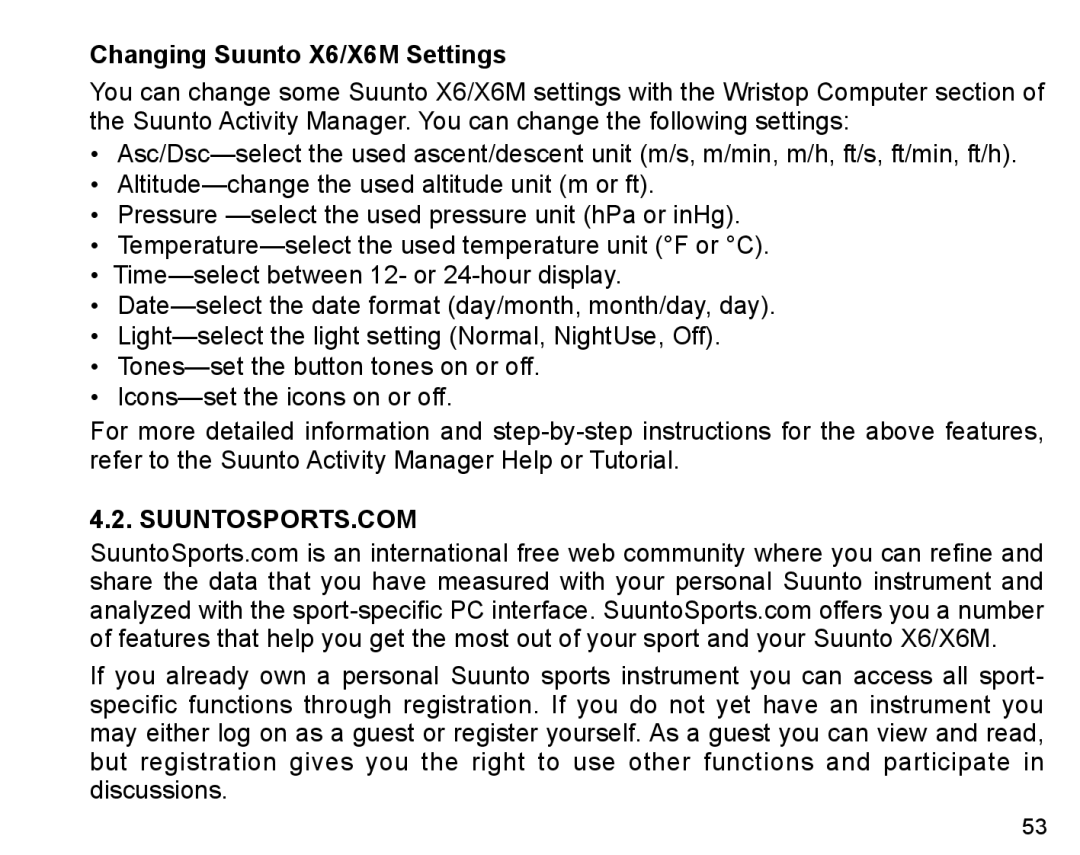 Suunto X6m manual Changing Suunto X6/X6M Settings, SuuntoSports.com 