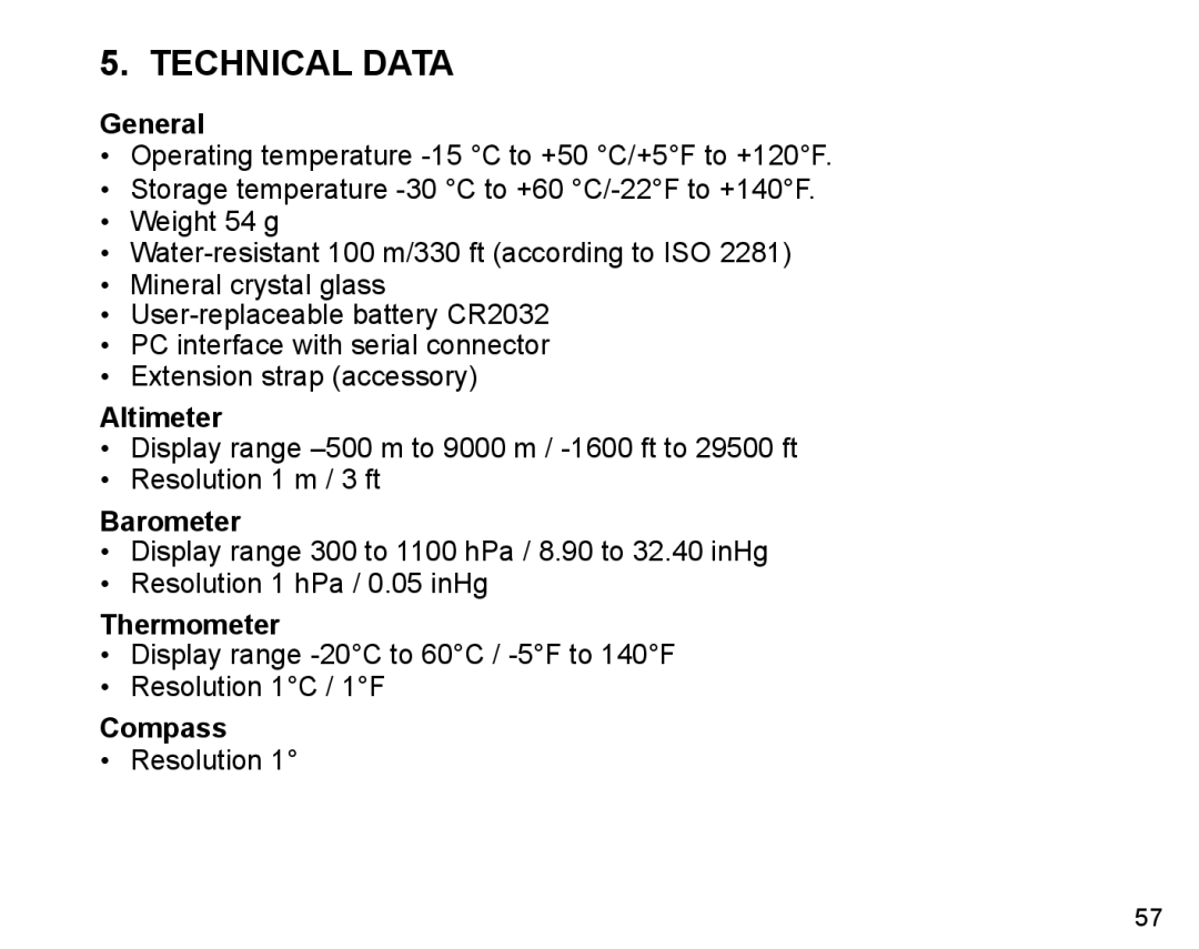 Suunto X6m manual Technical Data, Altimeter, Barometer, Thermometer 