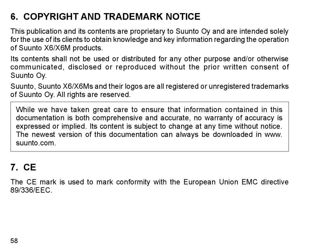 Suunto X6m manual Copyright and Trademark Notice 