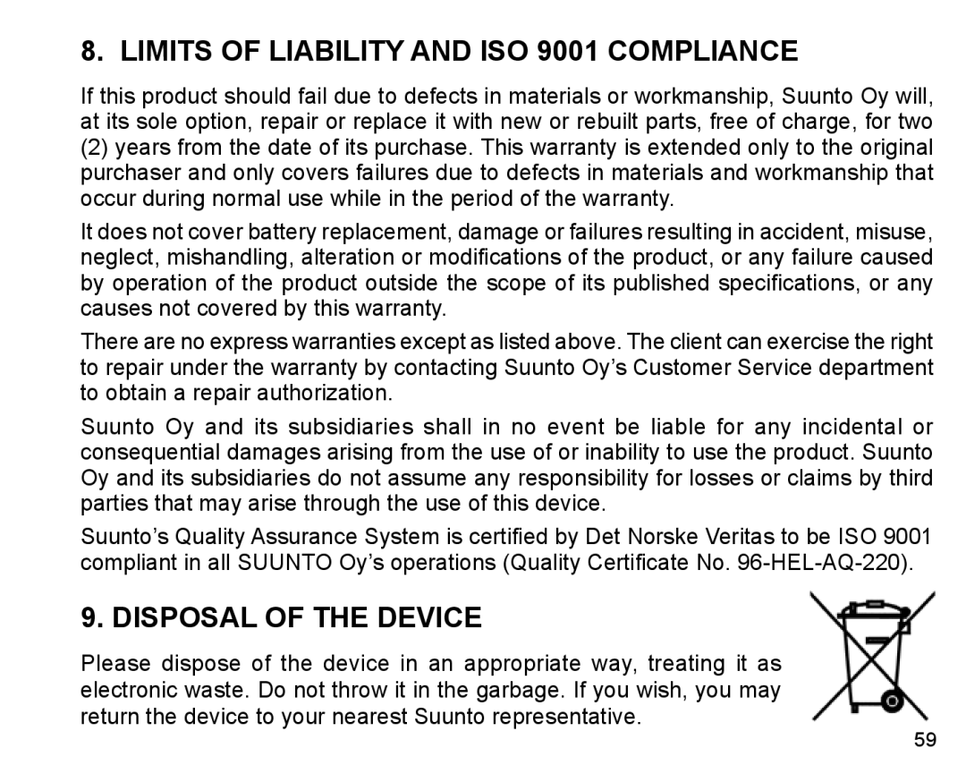 Suunto X6m manual Limits of Liability and ISO 9001 Compliance, Disposal of the Device 