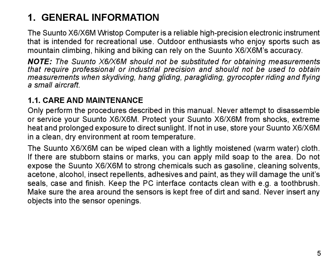 Suunto X6m manual General Information, Care and Maintenance 