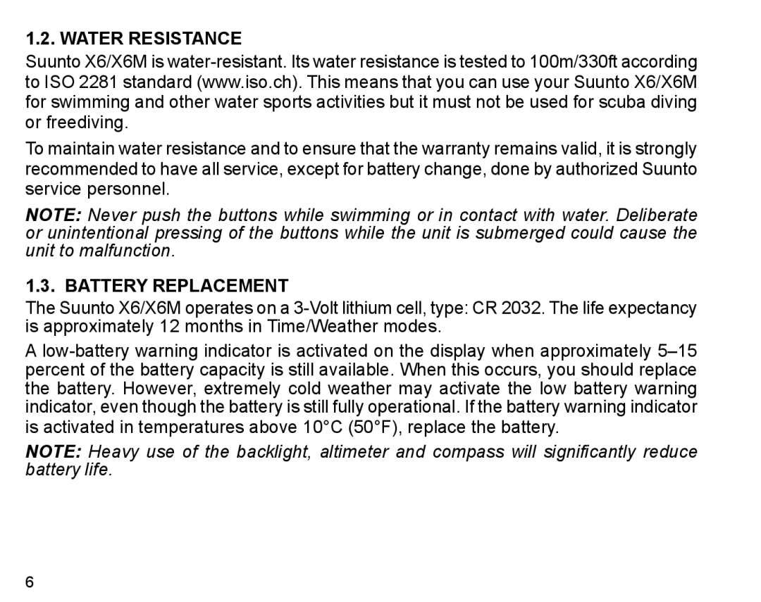 Suunto X6m manual Water Resistance, Battery Replacement 