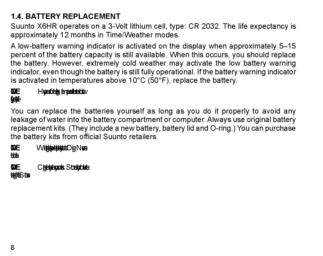 Suunto X6HR manual Battery Replacement 