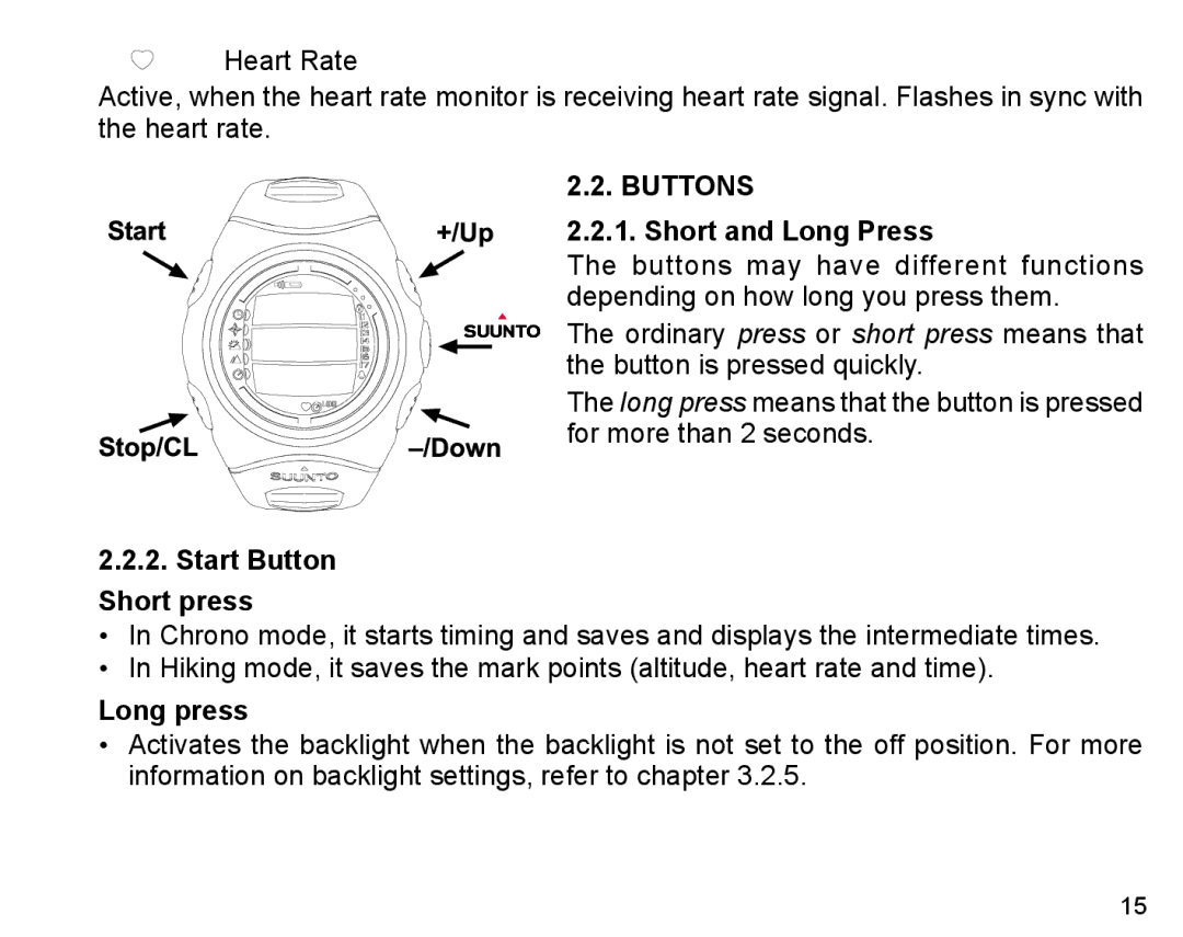 Suunto X6HR manual Buttons Short and Long Press, Start Button Short press, Long press 