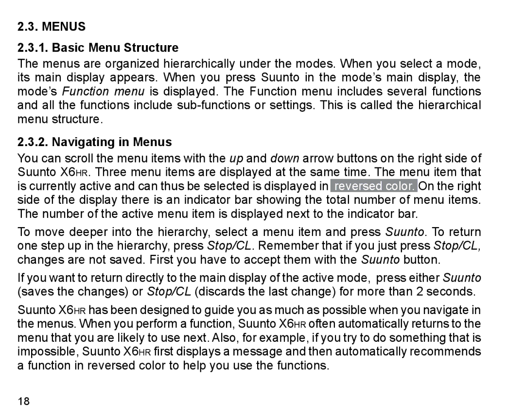 Suunto X6HR manual Menus Basic Menu Structure, Navigating in Menus 