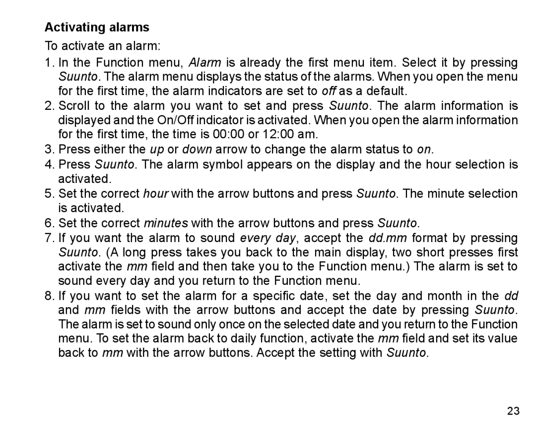 Suunto X6HR manual Activating alarms 