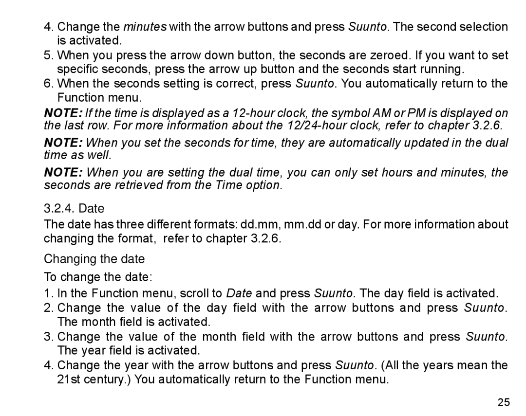 Suunto X6HR manual Date, Changing the date 