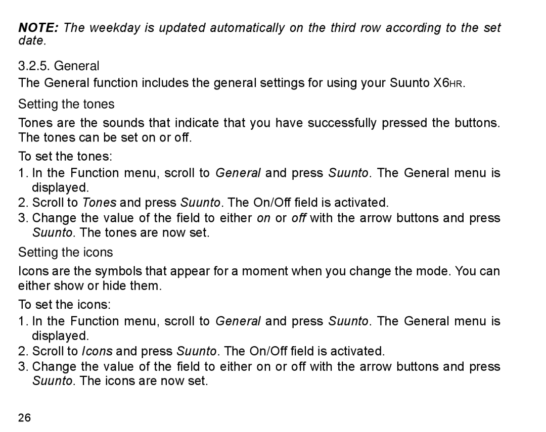 Suunto X6HR manual General, Setting the tones, Setting the icons 