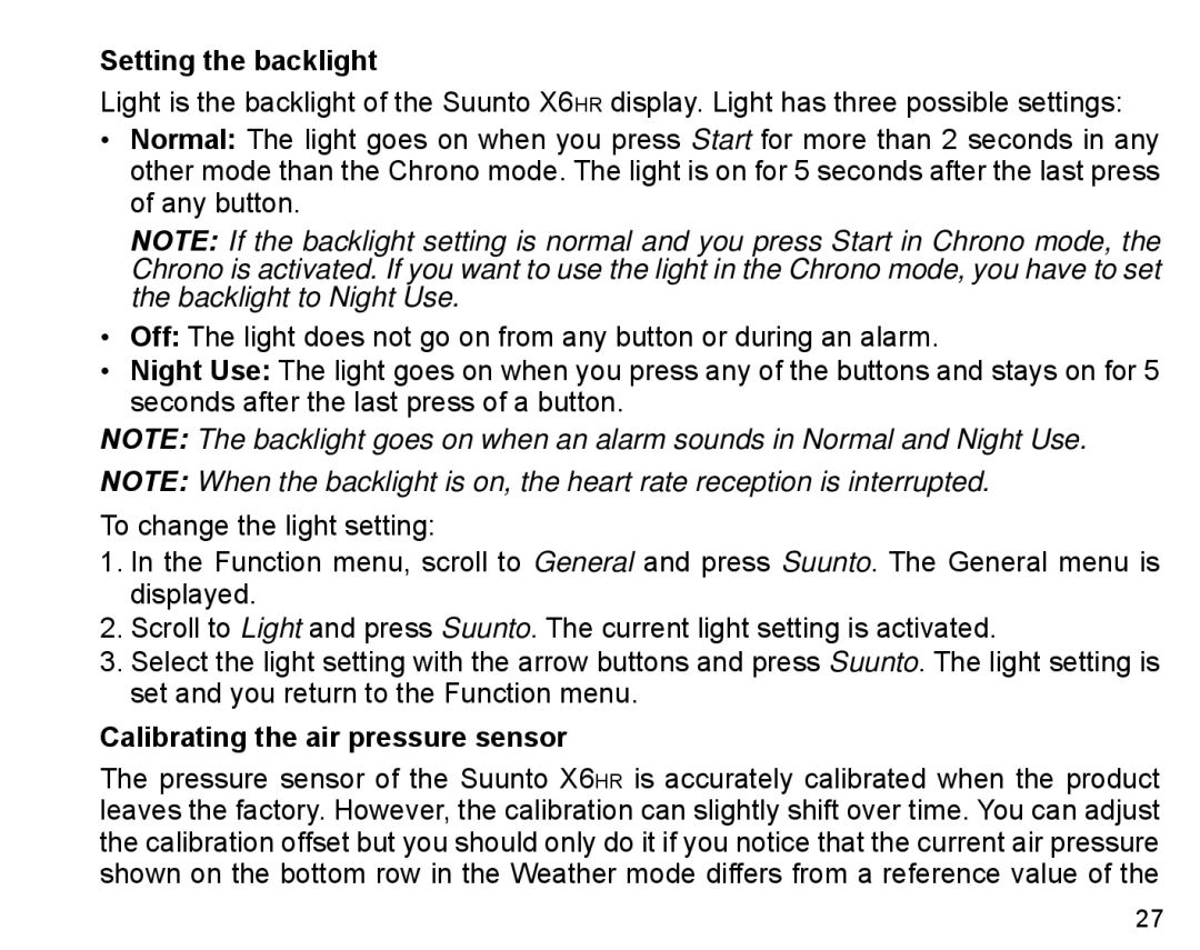 Suunto X6HR manual Setting the backlight, Calibrating the air pressure sensor 