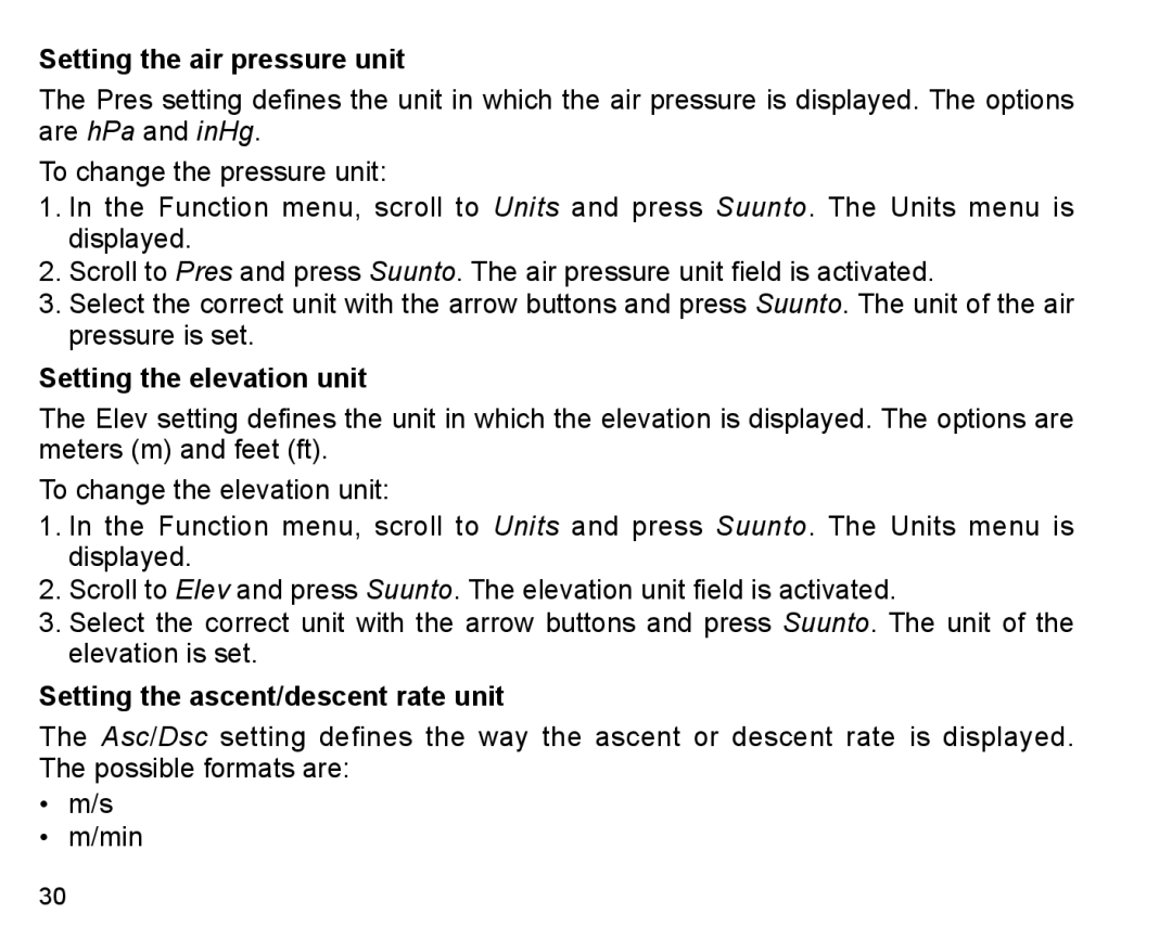 Suunto X6HR manual Setting the air pressure unit, Setting the elevation unit, Setting the ascent/descent rate unit 