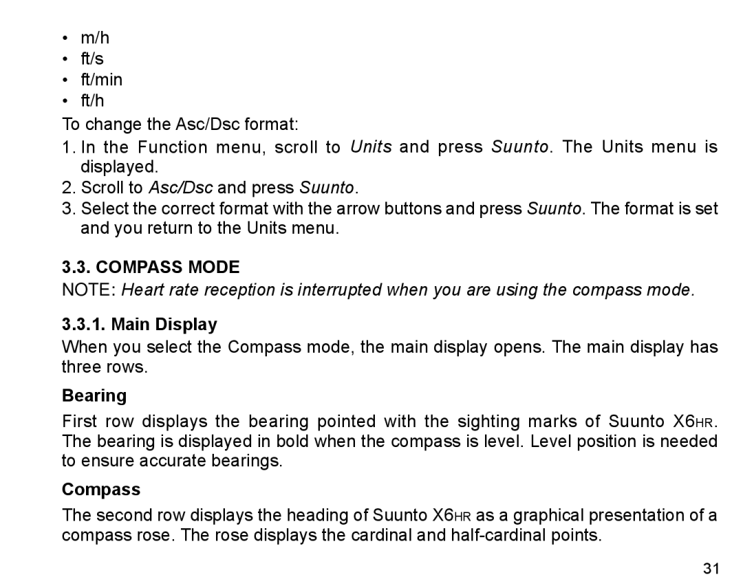 Suunto X6HR manual Compass mode Main Display, Bearing 