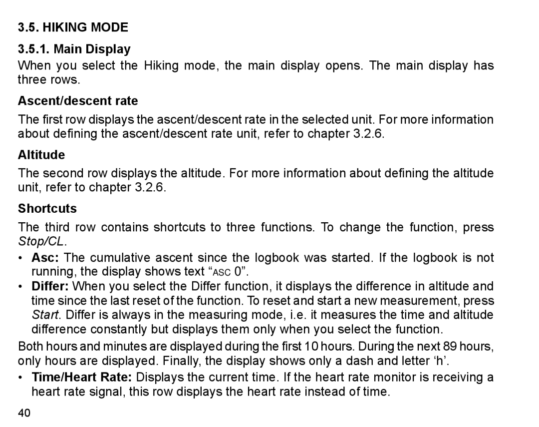 Suunto X6HR manual Hiking Mode Main Display, Ascent/descent rate, Altitude 