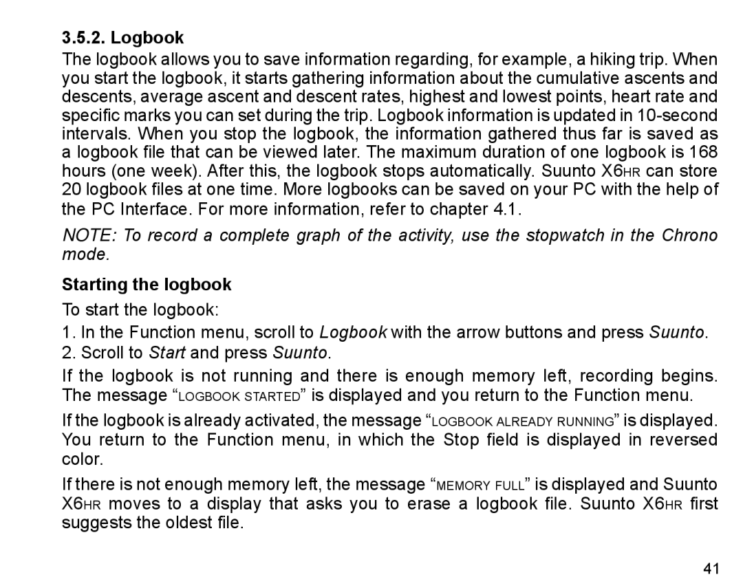 Suunto X6HR manual Logbook, Starting the logbook 