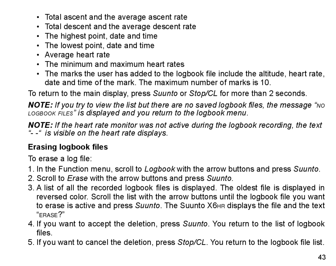 Suunto X6HR manual Erasing logbook files 