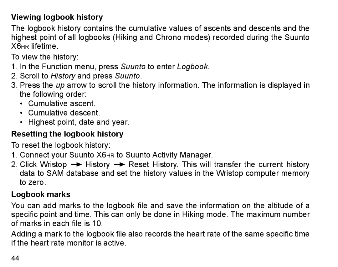 Suunto X6HR manual Viewing logbook history, Resetting the logbook history, Logbook marks 