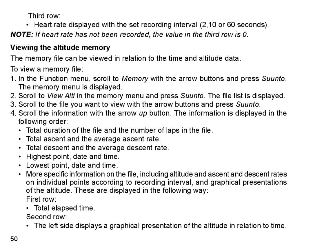 Suunto X6HR manual Viewing the altitude memory 