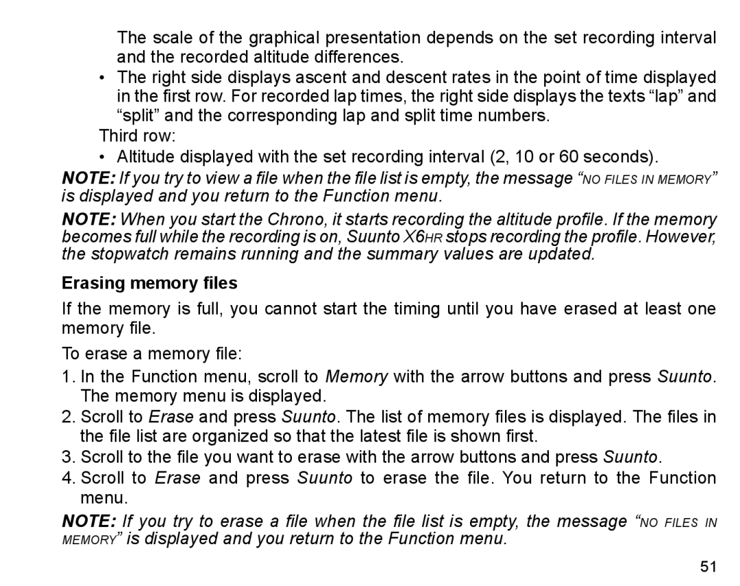 Suunto X6HR manual Erasing memory files 