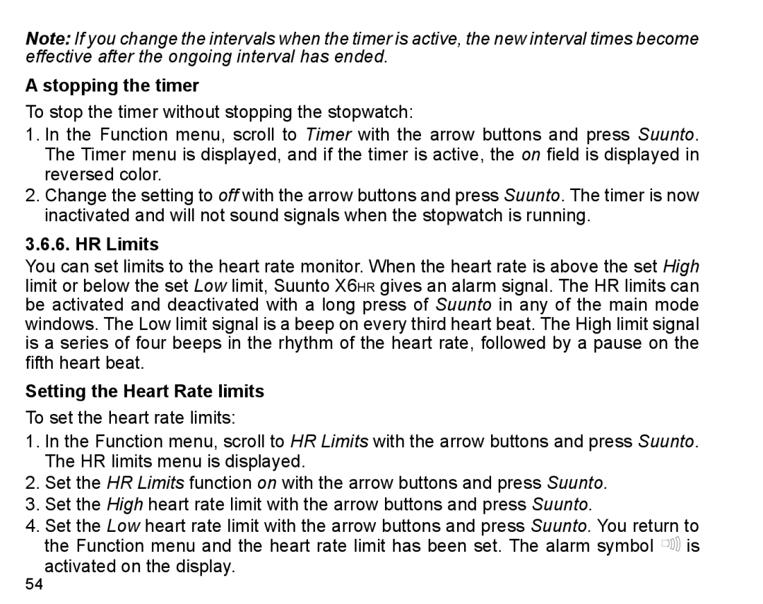 Suunto X6HR manual Stopping the timer, HR Limits, Setting the Heart Rate limits 