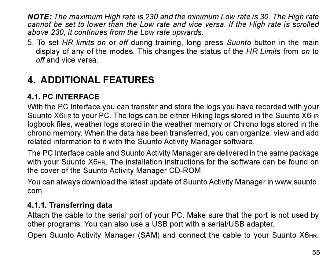 Suunto X6HR manual Additional Features, PC Interface, Transferring data 