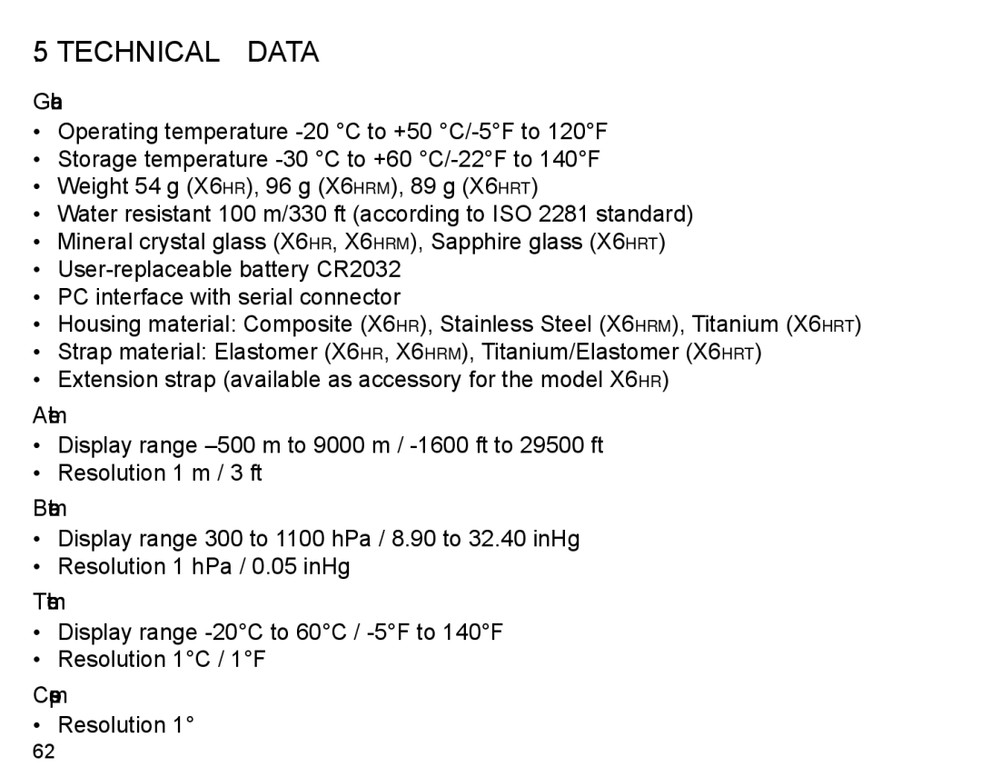 Suunto X6HR manual Technical Data, Altimeter, Barometer, Thermometer 