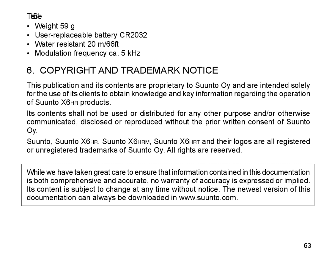 Suunto X6HR manual Copyright and Trademark Notice, Transmitter Belt 