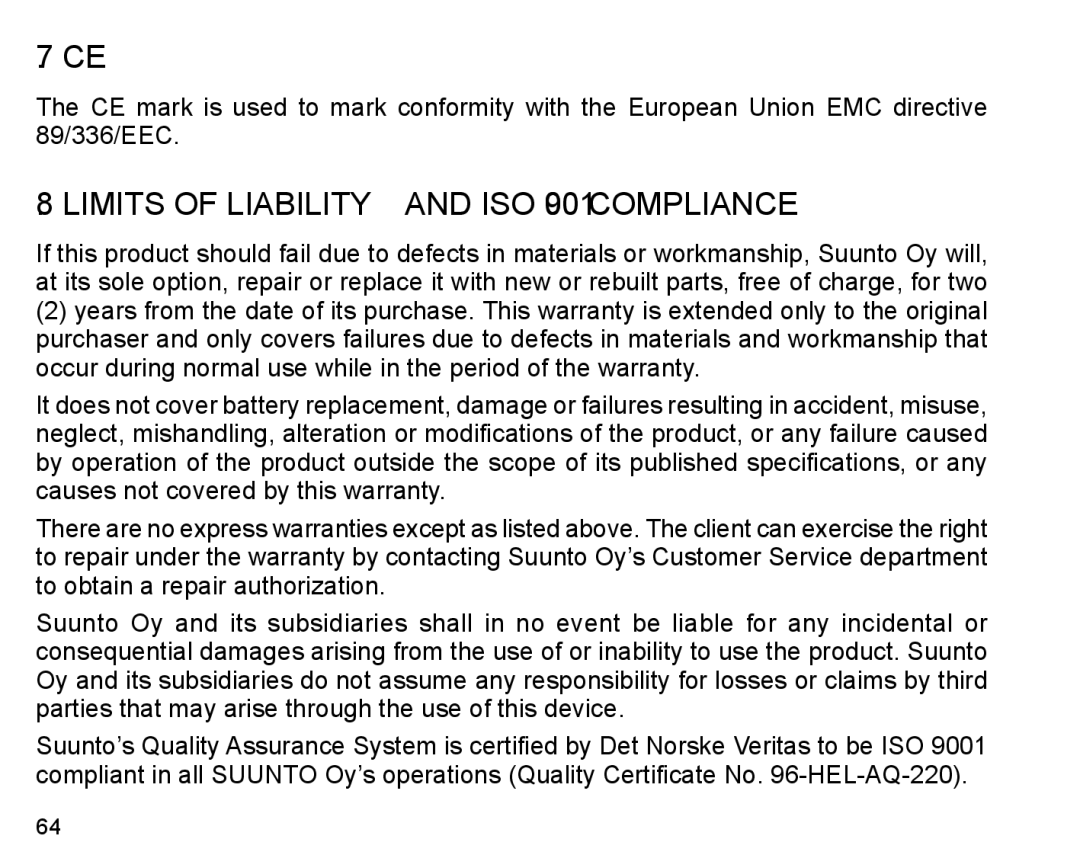 Suunto X6HR manual Limits of Liability and ISO 9001 Compliance 