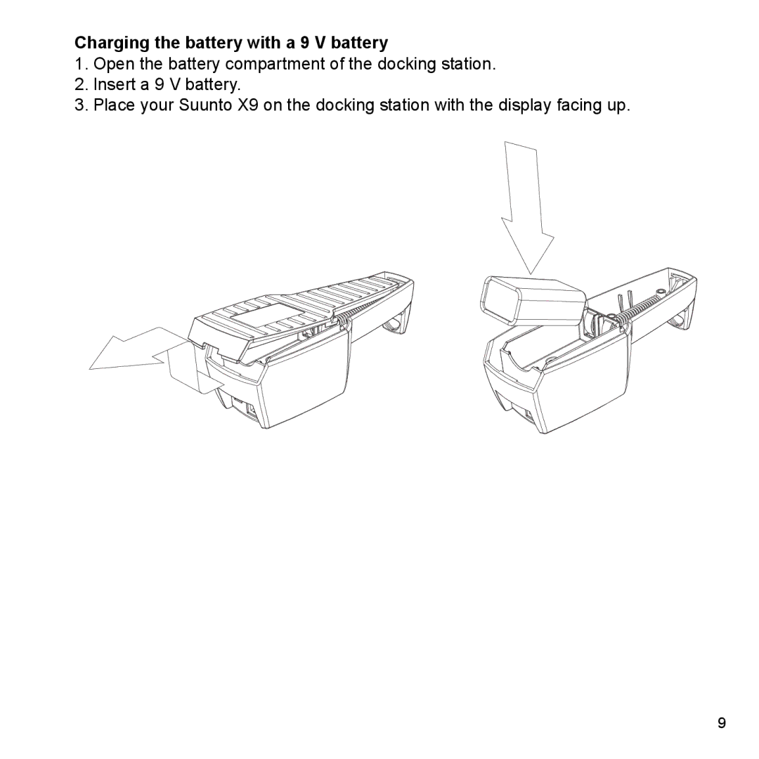 Suunto X9_en manual Charging the battery with a 9 V battery 